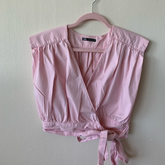 Pink Zara Poplin Wrap Top, Size Large - Picture 2 of 6
